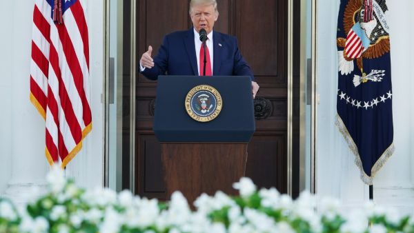 US President Donald Trump speaks during a labor day press conference in the North Portico of the White House in Washington, DC on September 7, 2020. MANDEL NGAN / AFP