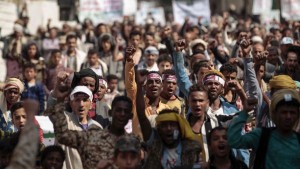 Yemeni supporters of the Houthi movement gesture as they chant slogans during a rally commemorating the death of Shiite Imam Zaid bin Ali in the capital Sanaa, on September 14, 2020. MOHAMMED HUWAIS / AFP