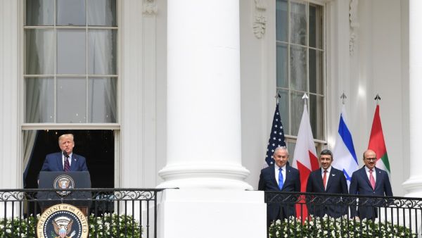 L-R)US President Donald Trump speaks as Israeli Prime Minister Benjamin Netanyahu,UAE Foreign Minister Abdullah bin Zayed Al-Nahyan and Bahrain Foreign Minister Abdullatif al-Zayani listen before they participate in the signing of the Abraham Accords where the countries of Bahrain and the United Arab Emirates recognize Israel, on the South Lawn of the White House in Washington, DC, September 15, 2020. Israeli Prime Minister Benjamin Netanyahu and the foreign ministers of Bahrain and the United Arab Emirates