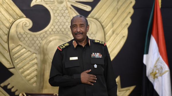 Lieutenant-General Abdel Fattah Abdelrahman al-Burhan, Sudan’s Head of Transitional Military Council meets with Bahraini aid officials (not seen) are pictured in Sudan capital Khartoum on September 15, 2020. Mazen Mahdi / AFP