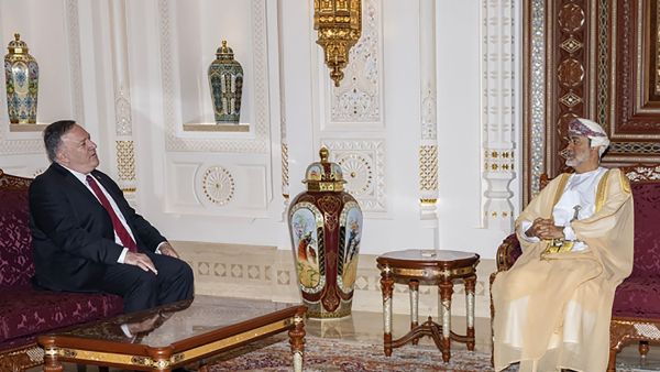 A handout picture released by the Omani Royal Palace on August 27, 2020 shows Sultan Haitham bin Tariq (R) receiving US Secretary of State Mike Pompeo (C) at al-Barakah Palace in the capital Muscat. (AFP Photo / HO/ Omani Royal Palace)
