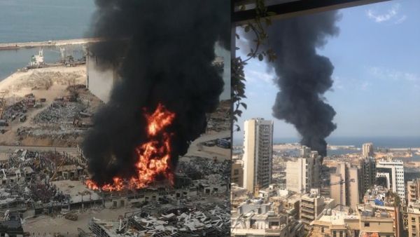 An inferno raging at the port in Beirut on Thursday afternoon just 37 days after the city was rocked by an explosion. (Twitter)