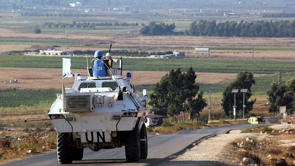 United Nations peacekeeping force (UNIFIL) vehicles patrol the area of Naqura, south of the Lebanese city of Tyre, on the border with Israel, on October 2, 2020.Mahmoud ZAYYAT / AFP