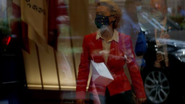 European Commission President Ursula von der Leyen leaves at the end of a European Union (EU) summit at The European Council Building in Brussels on October 2, 2020. During this Special European Council, EU leaders will discuss foreign affairs, in particular relations with Turkey and the situation in the Eastern Mediterranean. Francisco Seco / POOL / AFP