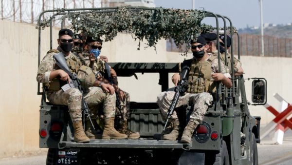 Lebanese troops patrol the area around the UNIFIL base where Israel's and Lebanon's delegtaions were having their first round of talks in the southern Lebanese border town of Naqura on October 14, 2020 on the demarcation of the maritime frontier between the two countries, still technically in a state of war. Lebanon and Israel, still technically at war, began unprecedented talks sponsored by the United Nations and the United States today to settle a maritime border dispute and clear the way for oil and gas 