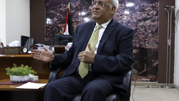 A file photo taken on March 3, 2020 shows Saeb Erekat, Secretary-General of the Palestine Liberation Organisation and chief Palestinian negotiator, talking to reporters in the West Bank city of Ramallah. (AFP/File Photo)