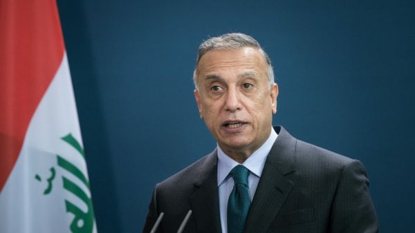 Prime Minister of Iraq Mustafa al-Kadhimi speaks during a joint press conference with German Chancellor Angela Merkel (not in image) at the Chancellery in Berlin on October 20, 2020. STEFANIE LOOS / AFP / POOL