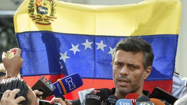 In this file photo taken on May 02, 2019, Venezuelan high-profile opposition politician Leopoldo Lopez speaks outside the Spanish embassy in Caracas, where he sought refuge since claiming to have been freed from house arrest two days ago by rebel military personnel. Juan BARRETO / AFP In this file photo taken on May 02, 2019, Venezuelan high-profile opposition politician Leopoldo Lopez speaks outside the Spanish embassy in Caracas, where he sought refuge since claiming to have been freed from house arrest two days ago by rebel military personnel. Juan BARRETO / AFP