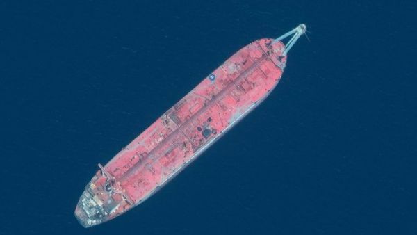 This handout satellite image obtained courtesy of Maxar Technologies on July 19, 2020 shows a close up view of the FSO Safer oil tanker on June 19, 2020 off the port of Ras Isa. (File/AFP)