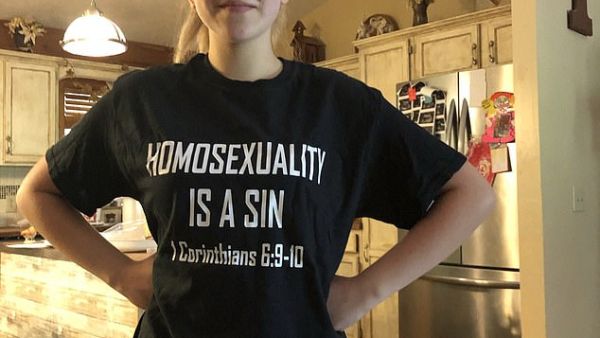 A 15-year-old girl from Tennessee who wore a shirt saying 'Homosexuality is a sin' was kicked out of her school class because the shirt had 'sexual connotations'. (Twitter)