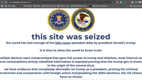 A message reading, 'this site was seized' appeared briefly on DonaldJTrump.com, before the website was taken offline completely at 7:20pm. (Twitter)