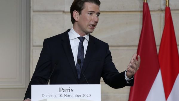 Austrian Chancellor Sebastian Kurz delivers his speech during a conference with French President and a videoconference with Dutch Prime Minister, German Chancellor, European Council President and European Commission President at the Elysee Palace, in Paris, on November 10, 2020. The leaders of France, Germany, Austria and the EU meet to discuss Europe's response to recent attacks in Europe blamed on Islamist radicals. Michel Euler / POOL / AFP