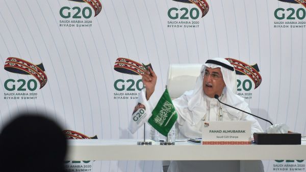 Saudi G20 Sherpa Fahad Al Mubarak addresses a press conference at the G20 summit's Media Center in the capital Riyadh, on November 22, 2020. FAYEZ NURELDINE / AFP