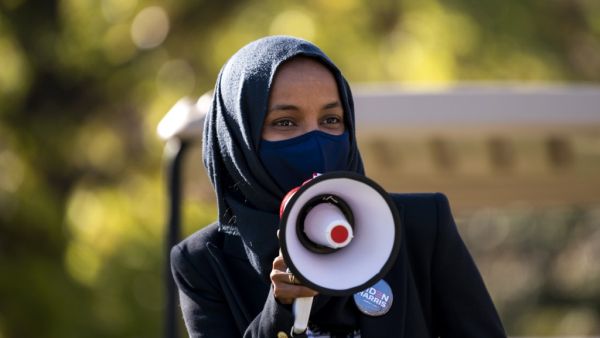Congressional candidate Rep. Ilhan Omar (D-MN) speaks during a get out the vote event on the University of Minnesota campus on November 3, 2020 in Minneapolis, Minnesota. After a record-breaking early voting turnout, Americans head to the polls on the last day to cast their vote for incumbent U.S. President Donald Trump or Democratic nominee Joe Biden in the 2020 presidential election. Stephen Maturen/Getty Images/AFP Stephen Maturen / GETTY IMAGES NORTH AMERICA / Getty Images via AFP