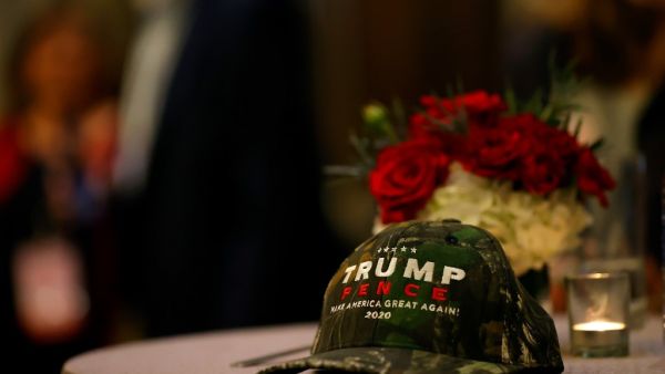 Detail view of a hat supporting U.S. President Donald Trump at an Election Night party at the Grand Hyatt Atlanta In Buckhead on November 03, 2020 in Atlanta, Georgia. (AFP)