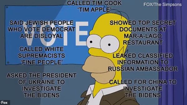 Homer Simpsons in a polling box to cast his vote in the election and is faced with a list of 'scandals' suggesting why Trump shouldn't be given a second term in the White House. (Fox/ The Simpsons)