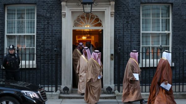 n this file photo taken on March 7, 2018, members of Saudi Arabia's Crown Prince Mohammed bin Salman's delegation leave 10 Downing Street, in central London. A decade on, the turmoil of the Arab Spring which shook the oil-rich Gulf states has left a very different legacy, emboldening and empowering their conservative monarchies. The collapse or decline of traditional Middle East powers like Syria and Egypt has allowed the region to establish itself as the region's new centre of gravity. And the Gulf has sei