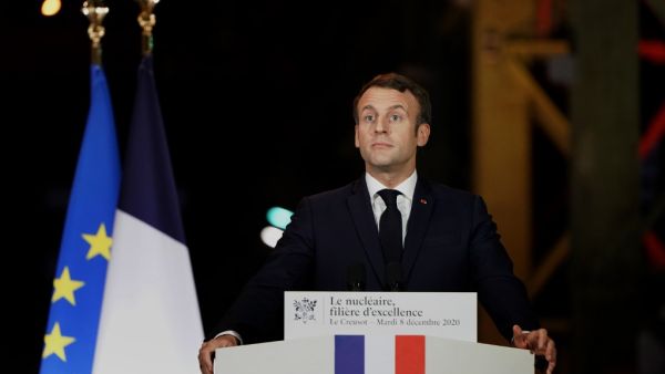French President Emmanuel Macron addresses employees of the French nuclear reactor manufacturer Framatome production site in Le Creusot, central France, during a visit on December 8, 2020. Laurent Cipriani / POOL / AFP