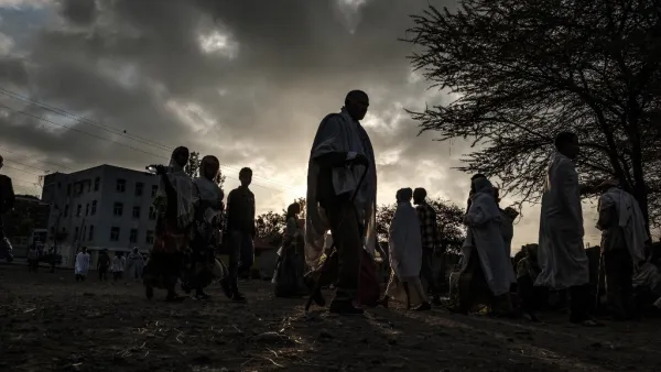 Ethiopian Orthodox worshippers walk towards the Eyesus Church in the city of Alamata, Ethiopia, on December 12, 2020. EDUARDO SOTERAS / AFP