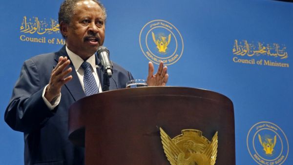 Sudan's Prime Minister Abdalla Hamdok gives a press conference in Khartoum on December 14, 2020. ASHRAF SHAZLY / AFP