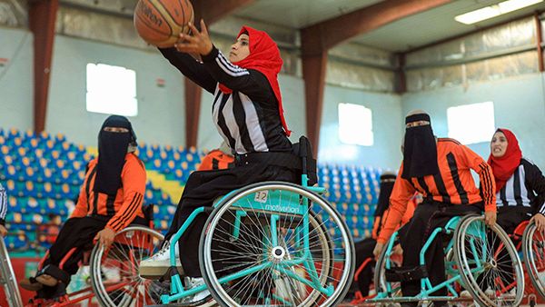 Yemeni women play during a local wheelchair basketball championship in Sana’a, December 8. (AFP)