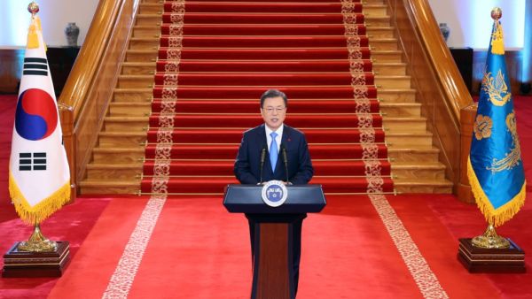 South Korea's President Moon Jae-in delivers his New Year's address at the presidential Blue House in Seoul on January 11, 2021. YONHAP / AFP