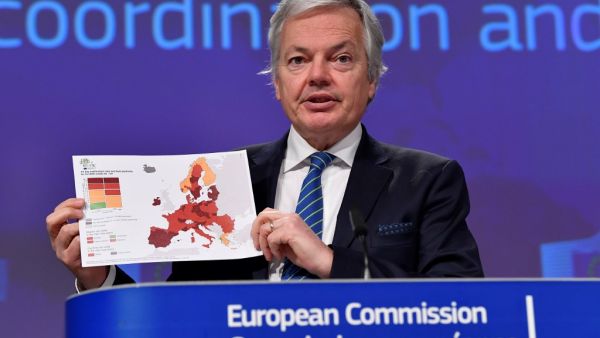EU commissioner for Justice Didier Reynders gives a press conference on travel within and from outside the EU amid the crisis linked with the Covid-19 pandemic caused by the novel coronavirus at the EU headquarters in Brussels on January 25, 2021. JOHN THYS / POOL / AFP