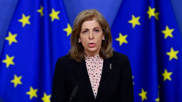 European Union commissioner for Health, Stella Kyriakides gives a press statement on vaccine deliveries at the EU headquarters in Brussels on January 25, 2021. JOHN THYS / POOL / AFP