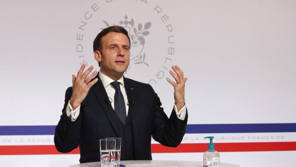 French President Emmanuel Macron attends a video conference at the Elysee Palace in Paris on January 26, 2021, as part of the World Economic Forum (WEF) which usually takes place in Davos, Switzerland. The Davos Agenda from January 25 to January 29, 2021, is an online edition due to the Covid-19 pandemic. Francois Mori / POOL / AFP