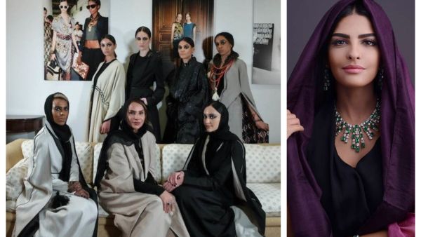 أميرة الطويل (يمين) / الأميرة صفية حسين تتوسط عارضات الأزياء المشاركات في العرض