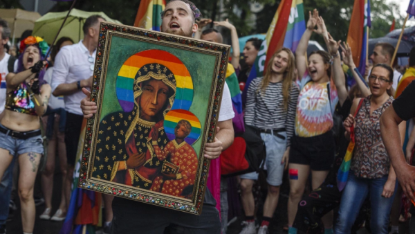 Some in the LGBT Equality March carried pictures of the Black Madonna of Częstochowa, Poland's most revered icon, with a rainbow added to the Virgin Mary and Jesus's halos. (Twitter)