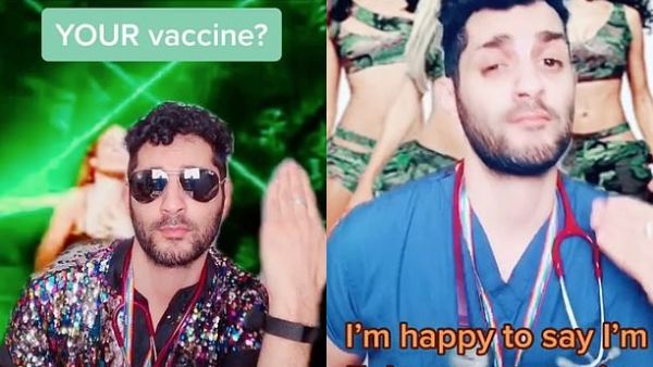 Dr Mark Perera (pictured L-R), from East London, is encouraging others to get the Covid-19 vaccine by dancing to J-Lo and Destiny's Child songs online. (TikTok/Doctorgayuk)