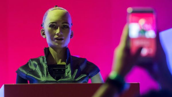 Sophia on stage at the RISE Technology conference in Hong Kong. Credit: ISAAC LAWRENCE/AFP/AFP/Getty Images
