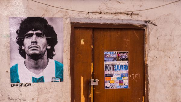 A stencil fan art about Diego Maradona in his Argentinian national team t-shirt during the 86 world cup  (Shutterstock)	