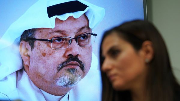 In this file photo Sherine Tadros, head of New York (UN) Office of Amnesty International, speaks during a news conference at the United Nations on October 18, 2018 next to a photo of Jamal Khashoggi. A US intelligence report on the murder of journalist Jamal Khashoggi in the Saudi consulate in Istanbul will be out "soon," the White House said on February 24, 2021. Press Secretary Jen Psaki said that President Joe Biden was also "soon" due to speak with Saudi Arabia's King Salman.  TIMOTHY A. CLARY / AFP