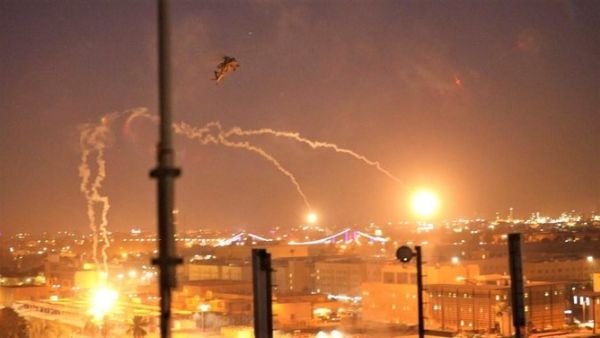 A handout picture received from the US embassy in Iraq on December 31, 2019, shows a US army apache helicopter dropping flares over Baghdad's high-security Green Zone. (File/AFP)