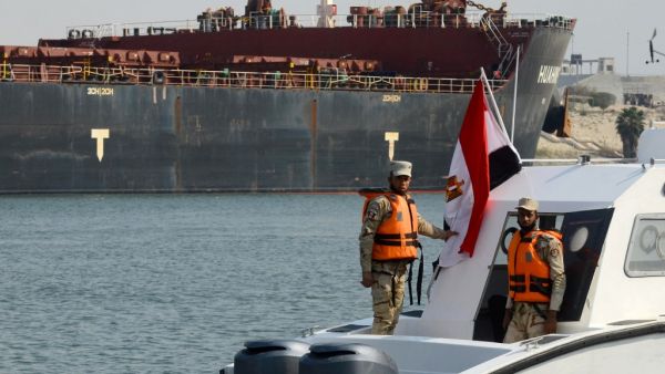 Egyptian coast guards patrol on Suez Canal 