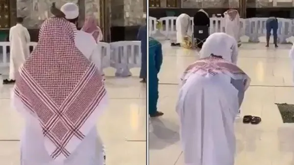 حمامة تقف بسلام على رأس رجل أثناء الصلاة بالحرم المكي