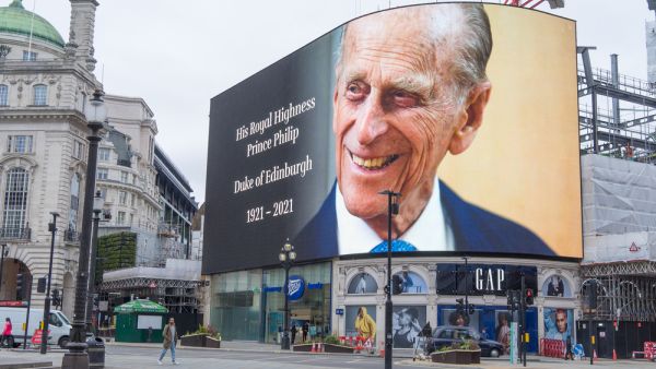 The giant screens of Piccadilly Circus paying respect to His Royal Highness Prince Philip