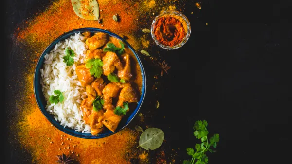 Utter chicken with basmati rice in bowl, spices, black background