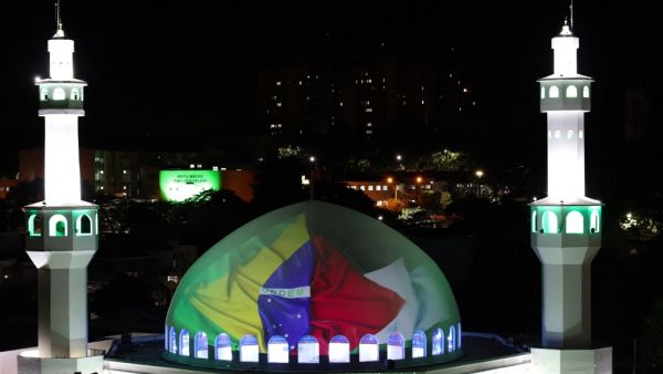 The Omar Ibn Al-Khattab Mosque in Foz do Iguacu, Parana State, Brazil, is seen illuminated with the flags of Brazil and Palestine, calling to an end to the escalated violence between Israel and Palestinian Territorie