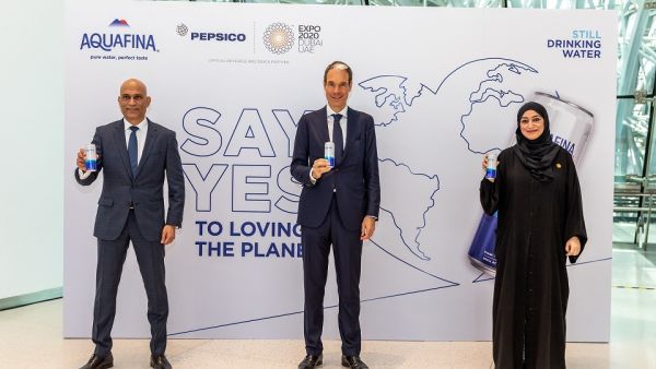 Aquafina Cans Launch UAE - Aamer Sheikh, Eugene Willemsen, Manal AlBayat. Pepsico Doubles Down On Sustainability In Partnership With Expo 2020 Dubai