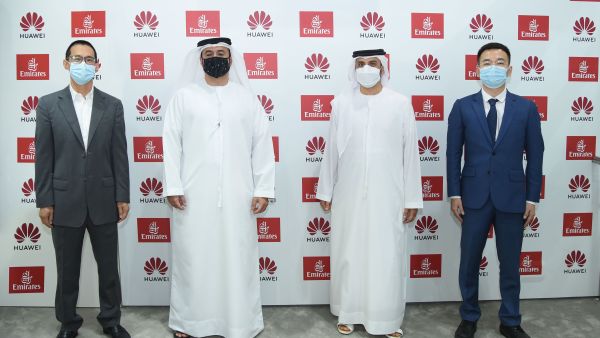 Mr. William Hu, Regional Business Development Director, Eco-Development Department, Huawei; Orhan Abbas, Senior Vice President, Commercial Operations, Far East, Emirates Airline; Adnan Kazim, Chief Commercial Officer, Emirates Airline; Mr. Lu Geng, Vice President (MEA) Global Partnerships and Eco-Development, Huawei. Emirates Inks Strategic Agreement With Global Tech Giant, Huawei, At ATM