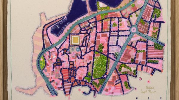 WANDERING CITY #15 2021, Markers, pigments and acrylic on cotton canvas, embroidery in cotton threads