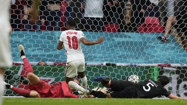 England's forward Raheem Sterling scores England's opening goal during the UEFA EURO 2020 round of 16 football match between England and Germany at Wembley Stadium in London on June 29, 2021. (Photo: AFP)