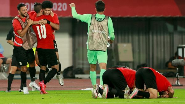 Egypt's players celebrate their second goal during the Tokyo 2020 Olympic Games men's group C first round football match between Australia and Egypt at the Miyagi Stadium in Miyagi on July 28, 2021. (Photo: AFP)