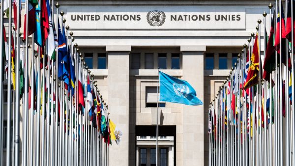 National flags at the entrance in UN office at Geneva, Switzerland