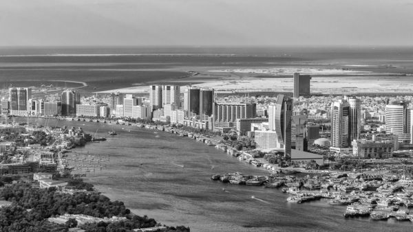 Aerial view of Old Dubai, the creek and Deira.