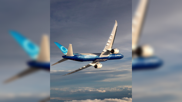 Boeing 777X inflight. Boeing to Debut 777X and Highlight Sustainability, Technology and Partnerships at 2021 Dubai Airshow
