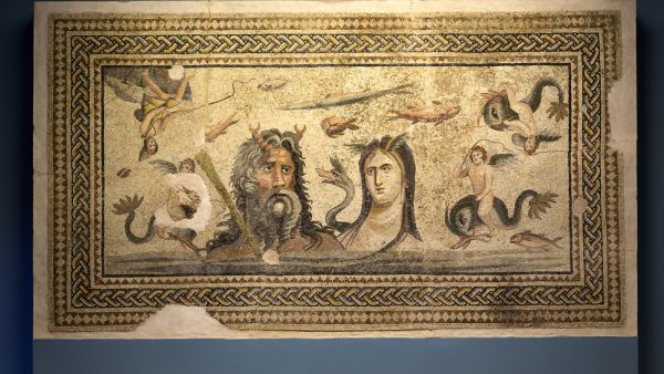 The 2,700-year-old Roman mosaic, depicting two human figures with roosters